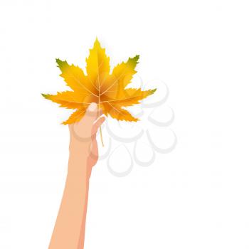 Hand hold autumn colorful leaf bright bouquet fall, floral. Hello Autumn lettering