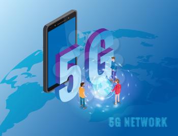 5G internet new mobile wireless technology wifi connection. Isometric smartphone with Earth planet
