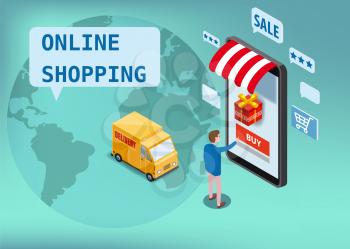Sale, consumerism and people concept. Young man shop online using smartphone. Landing page template. 3d vector isometric illustration.