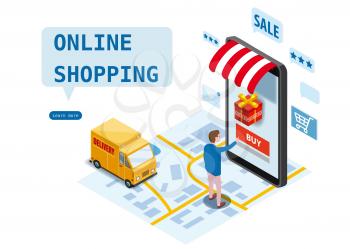 Sale, consumerism and people concept. Young man shop online using smartphone. Landing page template. 3d vector isometric illustration.