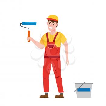 Painter man is holding a paint roller in hand, profession, character, uniform, bucket