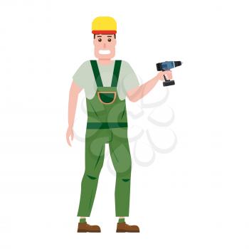 Industrial construction worker character with with a screwdriver tool, installer