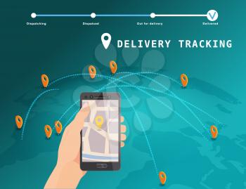 Delivery Global tracking system service online isometric design with markers cargo on map Earth.