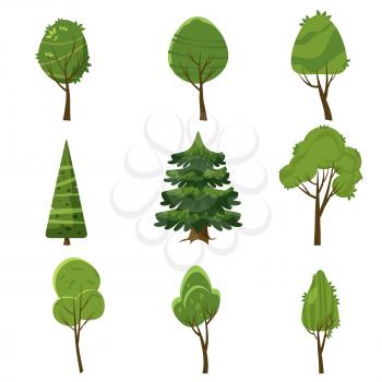 Set of trees, stylization, cartoon style isolated vector