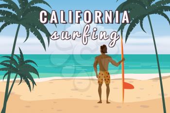Summer beach surfer character man with surfboard on California ocean coast