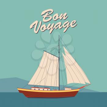 Sailing ship banner retro vintage with text Bon Voyage. Nautical ocean sailing yacht or traveling