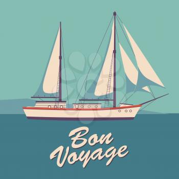 Sailing ship banner retro vintage with text Bon Voyage. Nautical ocean sailing yacht or traveling