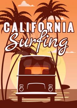 Surfer retro bus, van, camper with surfboard on the tropical beach. Poster California surfing palm trees and ocean