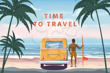 Summer Vacation Poster Time To Travel. Beach camping van, bus surfer with surfboard seascape palms, ocean. Vector illustration retro, vintage, illustration