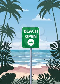 Summer beach banner Open. Seascape ocean shore tropical flora palms