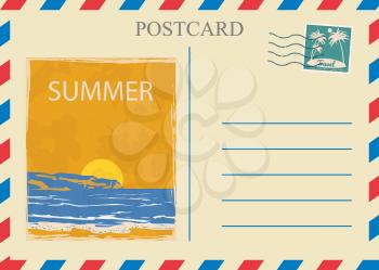 Postacrd summer vintage Sunset ocean. Vacation travel design card with postage stamp