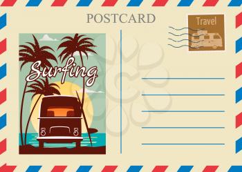 Postacrd summer vintage Van bus surfe ocean. Vacation travel design card with postage stamp