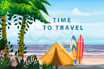 Time to travel. Tourist tent camping on the tropical beach, surfboards, palms. Summer vacation coastline beach sea, ocean, surfing, travel. Vector poster banner, illustration