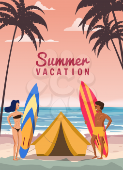 Surfers with boards and a beach tent are relaxing on the coast. Summer Vacation, man and woman travel to exotic resorts, palm trees, island, tropical. Vector, illustration