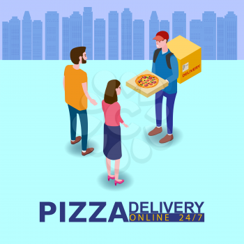Pizza Delivery Service Isometric concept. Courier gives pizza box to couple woman and man. Fast 24 7 shipping, online food order template banner