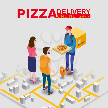 Pizza Delivery Service Isometric concept. Courier gives pizza box to couple woman and man, map city. Fast 24 7 shipping, online food order template banner