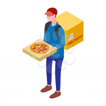 Courier with pizza box. Pizza Delivery Service Isometric concept. Fast 24 7 shipping, online food order template banner