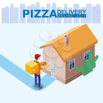 Pizza Delivery Service Isometric concept. Courier with pizza box shipping to home. Fast 24 7 shipping, online food order template banner