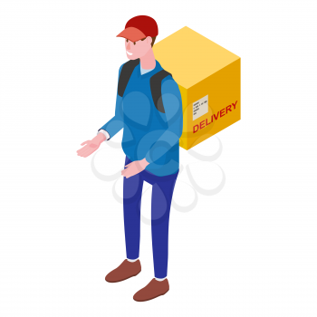 Courier with box, front view. Delivery Service Isometric concept. Fast 24 7 shipping, online food order template banner