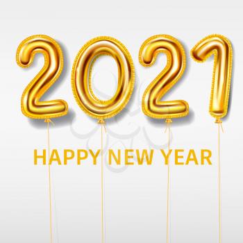 2021 Happy New Year decoration holiday background. Gold realistic 3d balloons foil metallic numbers. Vector illustration celebrate festive party, poster, banner