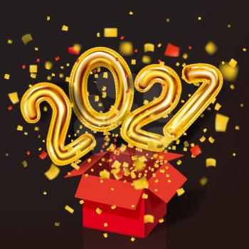 2021 Happy New Year background. Gold realistic 3d balloons foil metallic numbers gift box explosion of glitter gold confetti. Vector illustration celebrate festive party, poster