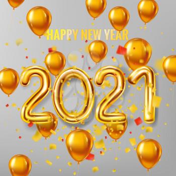 Happy New Year 2021 decoration holiday background. Gold realistic 3d balloons foil metallic numbers and helium balloons, glitter gold confetti. Vector illustration celebrate festive party, poster, banner