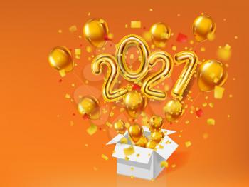 Happy New Year 2021 background. Gold realistic 3d balloons foil metallic numbers and helium balloons, gift box explosion of glitter gold confetti. Vector illustration celebrate festive party, poster, banner