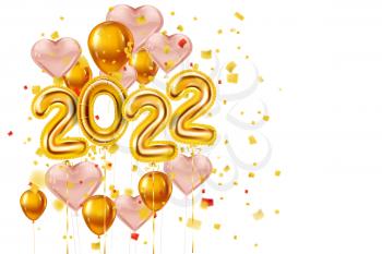 Happy New Year 2022 Gold balloons, stage podium. Golden foil numerals, pink hearts balloons with, confetti, ribbons, poster, banner. Vector realistic 3D illustration isolated