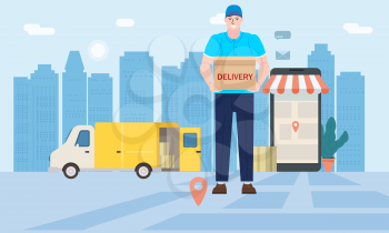 Courier delivery man character delivers goods by van, order tracking online