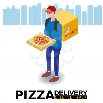 Isometry Pizza delivery courier man with package fast food pizza. Online service order, smartphone tracking