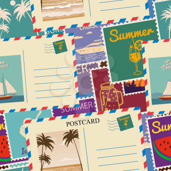 Postage stamps seamless pattern Summer vacation. Retro background signs travel exotic tour. Vector illustration background vintage style for wallpaper, wrapping paper, scrapbook