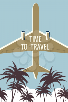 Time to Travel Plane in the sky, tropical palms. Vintage Summer Holiday poster, banner. Vector illustration