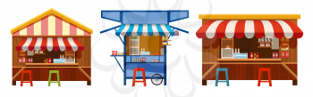 Set Market wooden store and stall on wheels, with red and white striped awning