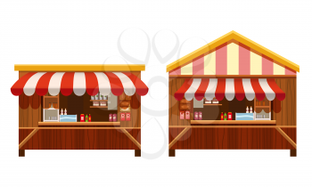 Set Market wooden store, stand stall and various kiosk, with red and white striped awning