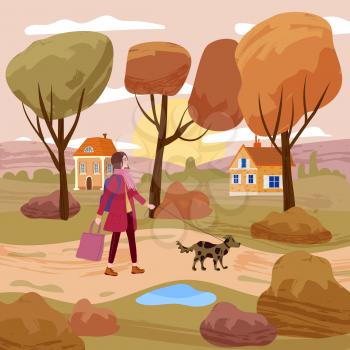 Young woman walks the dog in the autumn city park. Trendy fashionable look with pet, fall mood. Vector illustration banner isolated