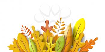 Autumn leaves 3D yellow, red, brown, orange colors. Fall bouquet. Minimal 3d render plasticine, vector illustration banner, poster template