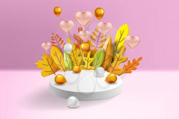 Autumn leaves 3D yellow, red, brown, orange colors. Fall bouquet, pedestal, stage, podium, foil balloons gold, white. Minimal 3d render plasticine, vector illustration banner poster template