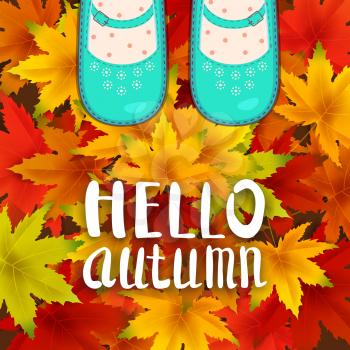Women blue shoes on autumn leaves. Lettering Hello Autumn