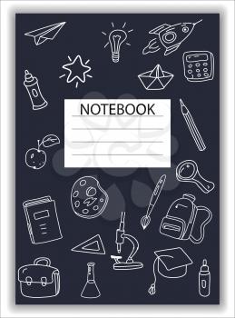 Cover Notebook school doodles icons hand drawn. Template cover for diary, broshure, poster, sketchbook. Vector illustration isolated