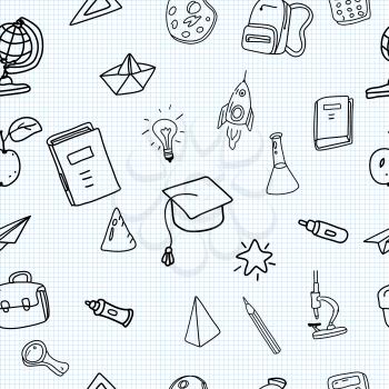 School doodles, pattern seamless. Back to school line icons supples, equipment, elements. Hand drawn scetches vector illustration background isolated