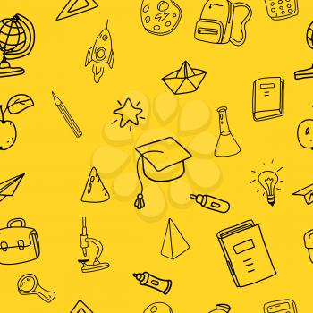 Seamless Pattern school doodles. Back to school line icons supples, equipment, elements. Hand drawn scetches vector illustration background isolated
