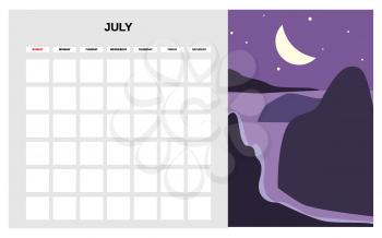 Calendar Planner July summer month. Minimal abstract contemporary landscape natural background . Monthly template for diary business. Vector isolated illustration
