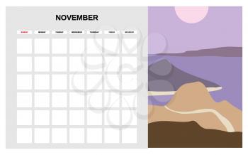 Calendar Planner November autumn month. Minimal abstract contemporary landscape natural background. Monthly template for diary business. Vector isolated illustration