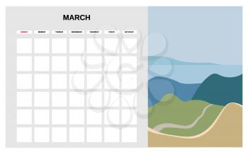 Calendar Planner March spring month. Minimal abstract contemporary landscape natural background. Monthly template for diary business. Vector isolated illustration