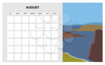 Calendar Planner August summer month. Minimal abstract contemporary landscape natural background. Monthly template for diary business. Vector isolated illustration