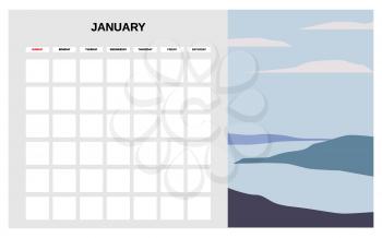 Calendar Planner January winter month. Minimal abstract contemporary landscape natural background. Monthly template for diary business. Vector isolated illustration