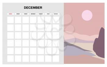 Calendar Planner December winter month. Minimal abstract contemporary landscape natural background. Monthly template for diary business. Vector isolated illustration