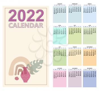Calendar for 2022 year monthly template. Basic grid week starts on sunday. Vector isolated