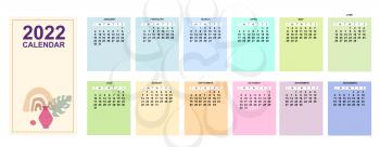 Calendar for 2021 year monthly template. Basic grid week starts on sunday. Vector isolated