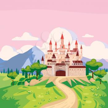 Fantasy landscape with Castle medieval Kingdom rural countryside. Fairytale background mountaines, trees, flora, field road to palace. Vector illustration cartoon style